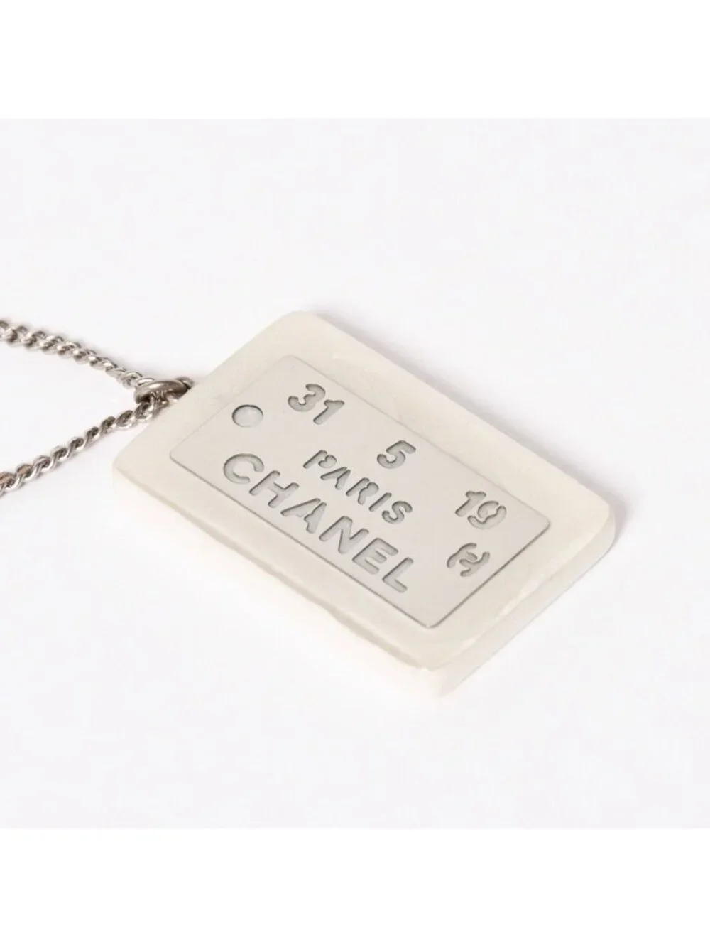 Chanel Plate Necklace White Silver Chain